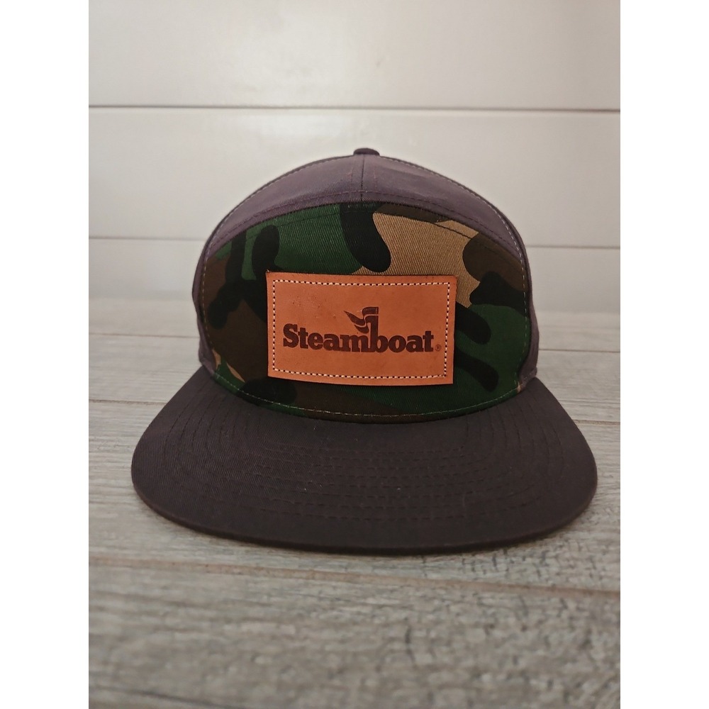 Steamboat Brown Camo Leather Patch Baseball Hat‎ Strapback Adjustable Cap
